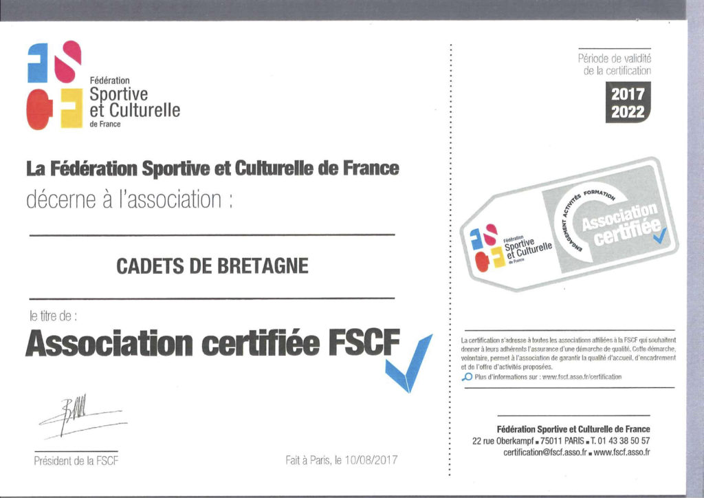 Certification FSCF Cadets de Bretagne Rennes