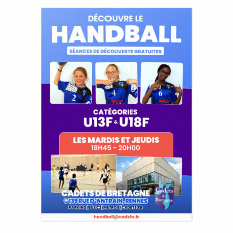 Handball féminin : viens découvrir gratuitement l’activité aux Cadets de Bretagne (U13F et U18F)