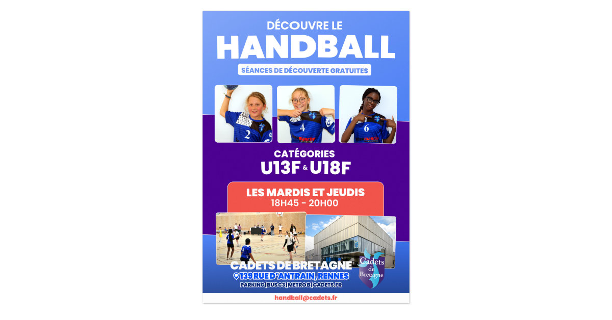 Handball féminin : viens découvrir gratuitement l'activité aux Cadets de Bretagne (U13F et U18F)